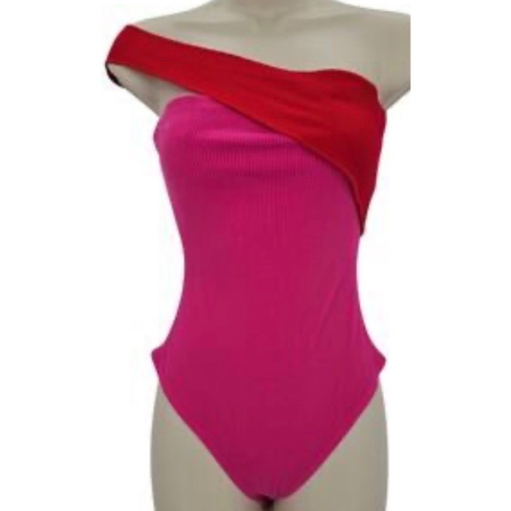 Naked Wardrobe Pink and Red M Colorblock 1 Shoulder Ribbed Bodysuit Asymmetrical